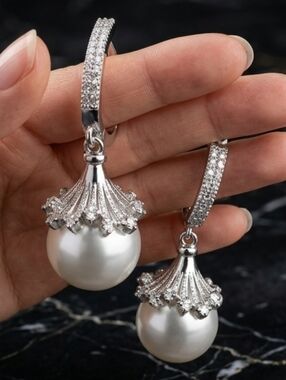 Elegant White Pearl Drop Earrings with Silver Accents